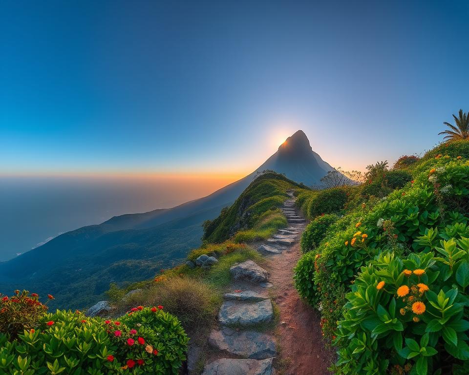 A breathtaking view of Adams Peak in Sri Lanka during the ideal travel season, showcasing the peak dramatically rising against a clear blue sky. In the foreground, lush greenery, vibrant shrubs, and blooming flowers create a rich tapestry of colors, inviting the viewer to explore. The middle ground features a rugged path leading towards the summit, dotted with small rocks and local flora. In the background, the majestic peak is captured at sunrise, illuminating its iconic shape with warm golden light and soft shadows. The atmosphere should convey a serene and adventurous mood, inspiring a sense of wonder at the natural beauty. The image should have a wide-angle perspective and be well-lit, emphasizing the grandeur of this renowned travel destination.