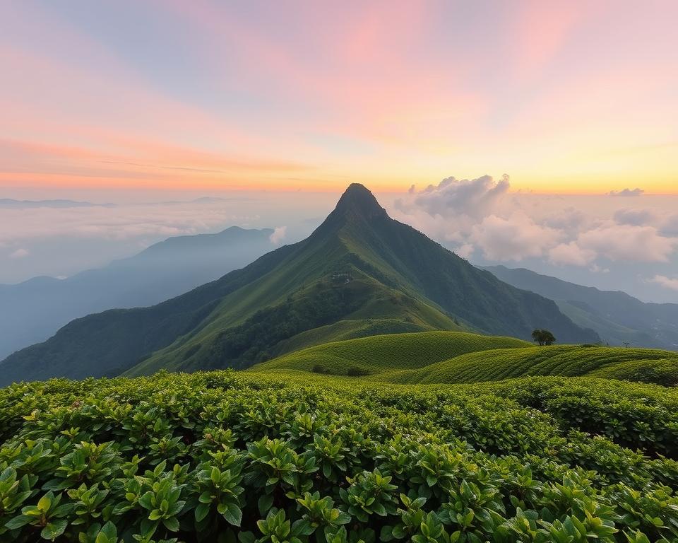 A breathtaking view of Adams Peak in Sri Lanka, showcasing its stunning landscape. In the foreground, lush green tea plantations with rolling hills, dotted with dew-kissed leaves under soft morning light. The middle ground features the iconic triangular summit of Adams Peak, rising majestically against a backdrop of misty mountains. The sky is a gradient of pastel dawn colors, casting a warm glow that envelops the peak. The background includes towering clouds partially obscuring the higher elevations, adding depth and atmosphere. The scene should evoke a sense of tranquility and adventure, inviting viewers to explore this natural wonder. Capture this panoramic vista with a wide-angle lens, emphasizing the grandeur of the landscape and the serene mood of early morning. No human subjects present.