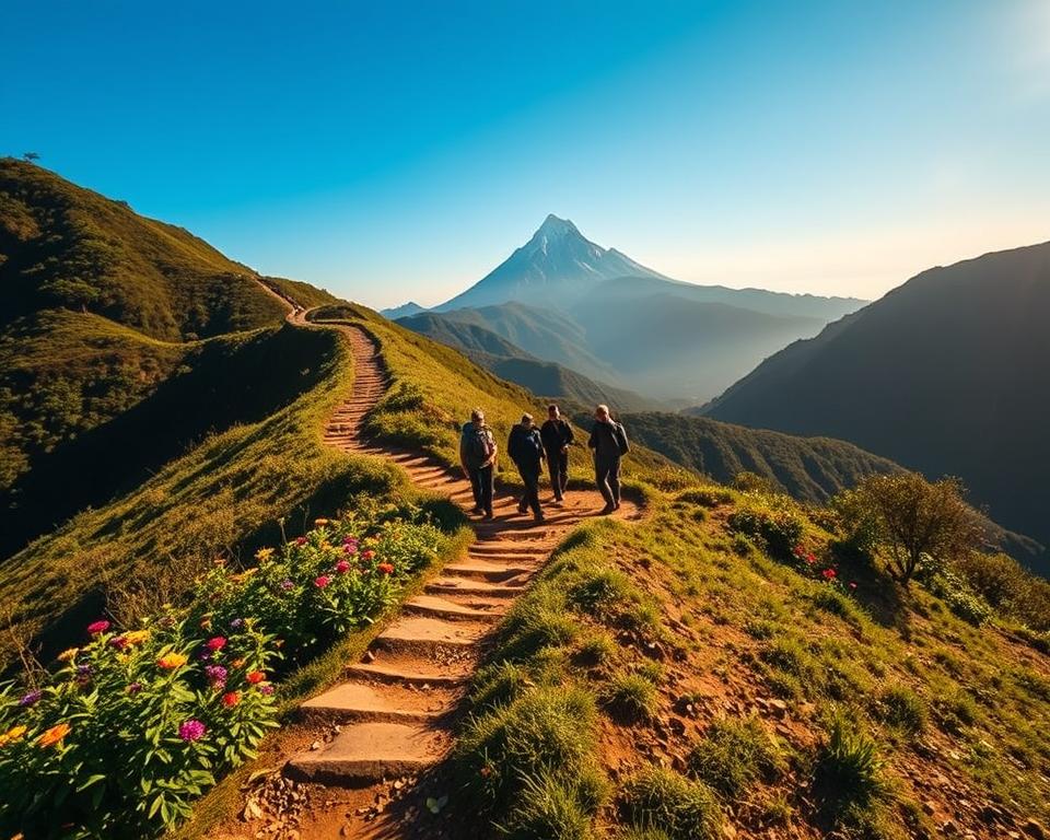 A breathtaking view of the various ascent routes to Adams Peak in Sri Lanka. In the foreground, a winding footpath is flanked by lush greenery and vibrant wildflowers, inviting hikers along their journey. The middle ground features groups of adventurous travelers in modest casual clothing, capturing the spirit of exploration as they ascend the mountain. In the background, the majestic Adams Peak rises dramatically against a clear blue sky, its iconic pyramid shape dominating the landscape. The scene is bathed in warm, golden sunlight, creating a serene and inspiring atmosphere, with soft shadows enhancing the texture of the terrain. A shallow depth of field focuses on the hikers while the peak looms impressively in the distance, evoking a sense of adventure and tranquility.