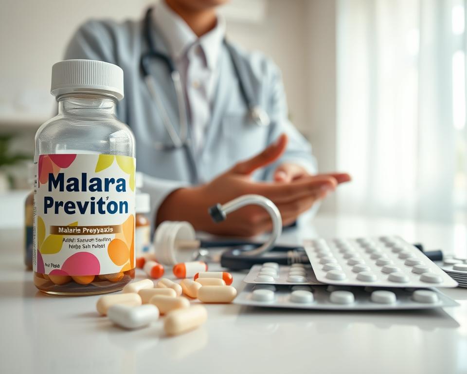 A close-up view of an array of malaria prophylaxis medications arranged on a clean white surface, showcasing various pill bottles and blister packs. In the foreground, a detailed focus on a bottle labeled "Malaria Prevention" with vibrant graphics, alongside capsules in soft color tones. In the middle, a stethoscope and a healthcare professional’s hands in a business casual outfit, examining the medications, reflecting an air of professionalism. The background features a light, airy clinic setting with soft natural light streaming in through a window, creating a warm and inviting atmosphere. The image captures a sense of hope and health, emphasizing the importance of malaria prevention in Sri Lanka. A close-up view of an array of malaria prophylaxis medications arranged on a clean white surface, showcasing various pill bottles and blister packs. In the foreground, a detailed focus on a bottle labeled "Malaria Prevention" with vibrant graphics, alongside capsules in soft color tones. In the middle, a stethoscope and a healthcare professional’s hands in a business casual outfit, examining the medications, reflecting an air of professionalism. The background features a light, airy clinic setting with soft natural light streaming in through a window, creating a warm and inviting atmosphere. The image captures a sense of hope and health, emphasizing the importance of malaria prevention in Sri Lanka.