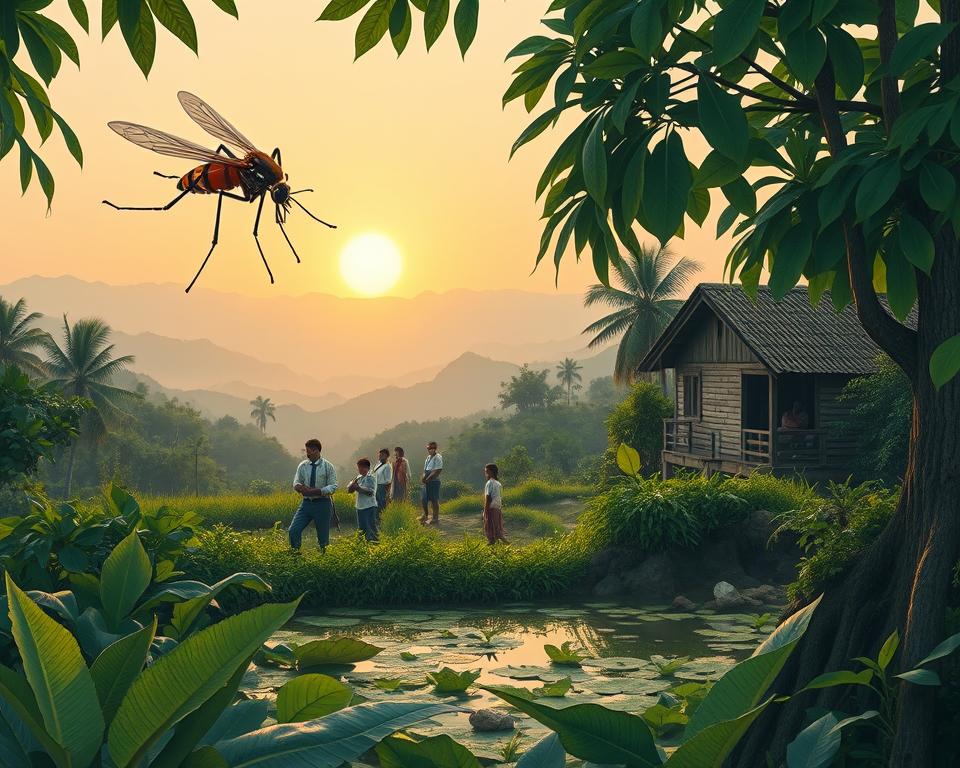 A detailed illustration of various health risks in Sri Lanka, focusing on malaria and other diseases. In the foreground, depict a lush tropical landscape with dense green foliage and stagnant water, suggesting mosquito breeding grounds. Include an illustrative representation of an Anopheles mosquito, hovering above the water. In the middle ground, show a modest village setting with individuals in professional attire, engaged in gardening and community activities. In the background, illustrate misty mountains under a soft sunrise, casting warm, diffused light across the scene. The atmosphere should evoke a sense of both beauty and caution, highlighting the coexistence of nature and health risks, with a clear, crisp lens effect to emphasize details. A detailed illustration of various health risks in Sri Lanka, focusing on malaria and other diseases. In the foreground, depict a lush tropical landscape with dense green foliage and stagnant water, suggesting mosquito breeding grounds. Include an illustrative representation of an Anopheles mosquito, hovering above the water. In the middle ground, show a modest village setting with individuals in professional attire, engaged in gardening and community activities. In the background, illustrate misty mountains under a soft sunrise, casting warm, diffused light across the scene. The atmosphere should evoke a sense of both beauty and caution, highlighting the coexistence of nature and health risks, with a clear, crisp lens effect to emphasize details.