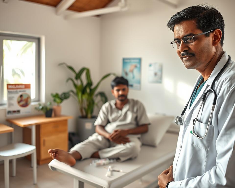A healthcare professional in a pristine, tropical clinic setting, urgently attending to a patient with malaria symptoms. The foreground features a doctor in professional attire, showing concern and compassion, with medical equipment like a stethoscope and syringes in the frame. In the middle, a patient—moderately positioned on an exam table, appearing weak yet hopeful, dressed in modest clothing. The background reveals a clean, well-lit clinic with posters about malaria prevention and treatment on the walls. Bright, natural lighting filters through large windows, enhancing the atmosphere of urgency and care. The overall mood conveys a sense of crisis and the importance of immediate medical attention, suitable for highlighting malaria emergency response measures in Sri Lanka. A healthcare professional in a pristine, tropical clinic setting, urgently attending to a patient with malaria symptoms. The foreground features a doctor in professional attire, showing concern and compassion, with medical equipment like a stethoscope and syringes in the frame. In the middle, a patient—moderately positioned on an exam table, appearing weak yet hopeful, dressed in modest clothing. The background reveals a clean, well-lit clinic with posters about malaria prevention and treatment on the walls. Bright, natural lighting filters through large windows, enhancing the atmosphere of urgency and care. The overall mood conveys a sense of crisis and the importance of immediate medical attention, suitable for highlighting malaria emergency response measures in Sri Lanka.