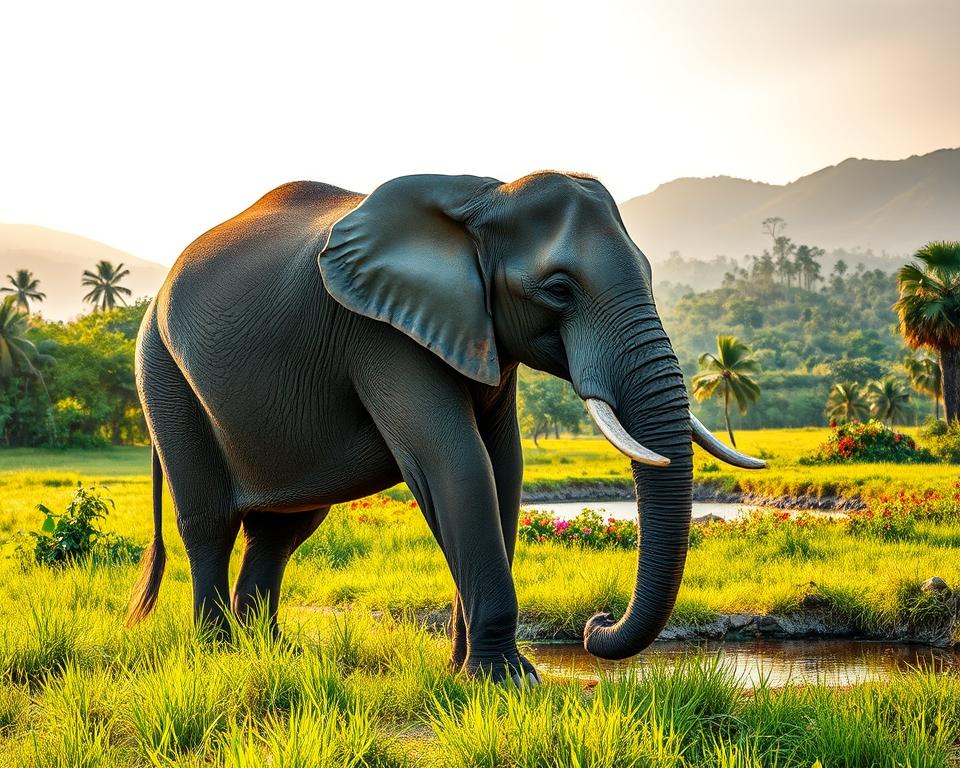 A majestic Asian elephant, adorned in shades of grey with distinctive folds and large ears, stands gracefully in a lush green landscape of Sri Lanka. In the foreground, the elephant gently grazes on vibrant grasses, showcasing its powerful physique and gentle demeanor. The middle ground features a serene waterhole surrounded by tropical trees and vibrant flowers, hinting at the elephant's natural habitat. In the background, soft hills and distant mountains are bathed in warm golden sunlight, casting a tranquil glow over the scene. The atmosphere feels peaceful and harmonious, reflecting the connection between these magnificent creatures and their environment. Capture this scene with a wide-angle lens to emphasize depth, using soft, natural lighting to highlight the elephant's unique features, while maintaining a serene and inviting mood. A majestic Asian elephant, adorned in shades of grey with distinctive folds and large ears, stands gracefully in a lush green landscape of Sri Lanka. In the foreground, the elephant gently grazes on vibrant grasses, showcasing its powerful physique and gentle demeanor. The middle ground features a serene waterhole surrounded by tropical trees and vibrant flowers, hinting at the elephant's natural habitat. In the background, soft hills and distant mountains are bathed in warm golden sunlight, casting a tranquil glow over the scene. The atmosphere feels peaceful and harmonious, reflecting the connection between these magnificent creatures and their environment. Capture this scene with a wide-angle lens to emphasize depth, using soft, natural lighting to highlight the elephant's unique features, while maintaining a serene and inviting mood.