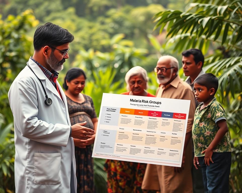 A medical professional, dressed in a crisp white coat, stands in the foreground, examining a chart highlighting malaria risk groups. In the middle, a diverse group of individuals, including a pregnant woman, an elderly man, and a child, observe attentively, each representing different vulnerable populations in Sri Lanka. The background features a lush tropical landscape, with thick greenery and subtle hints of mosquito habitat, evoking the region's climate. Soft, warm lighting illuminates the scene, casting gentle shadows that enhance the professional atmosphere. This image conveys urgency and awareness about malaria prevention, while maintaining a hopeful and informative mood, emphasizing the importance of understanding risk groups and taking necessary precautions. A medical professional, dressed in a crisp white coat, stands in the foreground, examining a chart highlighting malaria risk groups. In the middle, a diverse group of individuals, including a pregnant woman, an elderly man, and a child, observe attentively, each representing different vulnerable populations in Sri Lanka. The background features a lush tropical landscape, with thick greenery and subtle hints of mosquito habitat, evoking the region's climate. Soft, warm lighting illuminates the scene, casting gentle shadows that enhance the professional atmosphere. This image conveys urgency and awareness about malaria prevention, while maintaining a hopeful and informative mood, emphasizing the importance of understanding risk groups and taking necessary precautions.