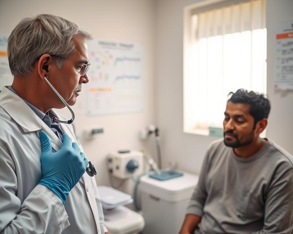 A medical professional in a clinical setting, examining a patient showing symptoms of malaria. In the foreground, a doctor wearing a lab coat and gloves is using a stethoscope to listen to the patient's heartbeat. The middle ground features the patient, a South Asian individual, appearing fatigued with signs of fever, sweating, and chills. The background consists of medical equipment, charts on the wall, and a soft, diffused light filtering through a window, creating a calm but serious atmosphere. The overall mood suggests urgency and care, highlighting the importance of recognizing malaria symptoms. The scene is captured with a warm tone, emphasizing the human experience in healthcare settings. A medical professional in a clinical setting, examining a patient showing symptoms of malaria. In the foreground, a doctor wearing a lab coat and gloves is using a stethoscope to listen to the patient's heartbeat. The middle ground features the patient, a South Asian individual, appearing fatigued with signs of fever, sweating, and chills. The background consists of medical equipment, charts on the wall, and a soft, diffused light filtering through a window, creating a calm but serious atmosphere. The overall mood suggests urgency and care, highlighting the importance of recognizing malaria symptoms. The scene is captured with a warm tone, emphasizing the human experience in healthcare settings.