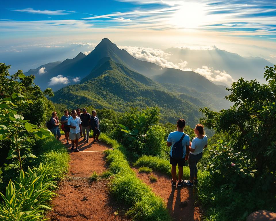 A picturesque journey to Adams Peak in Sri Lanka, featuring a winding path cutting through lush greenery in the foreground. Include diverse travelers in modest casual attire, animatedly discussing their adventure, surrounded by vibrant jungle foliage. In the middle ground, show the impressive silhouette of Adams Peak rising majestically against the sky, its peak illuminated by the soft, warm light of a rising sun, casting gentle shadows that accentuate the landscape. The background should display a panoramic view of misty mountains and valleys, partially obscured by early morning fog, creating a dreamy, tranquil atmosphere. Capture this scene with a wide-angle lens, ensuring vibrant colors and a serene mood, inviting viewers to embark on the journey themselves.