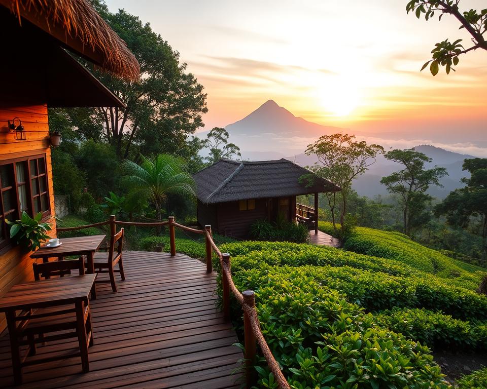 A picturesque tea house nestled among lush greenery on Adams Peak, Sri Lanka. In the foreground, a charming wooden deck adorned with rustic tables and chairs invites visitors to relax. The middle ground features the tea house with a thatched roof, surrounded by vibrant tropical plants and tea bushes, while tea is being served in delicate porcelain cups. In the background, the majestic silhouette of Adams Peak rises against a shimmering sunrise with hues of orange and pink reflecting on the sky. Soft morning light filters through the trees, casting gentle shadows. The atmosphere is warm and inviting, evoking a sense of tranquility and the appreciation of nature's beauty. The scene captures the essence of culinary experiences amidst a breathtaking landscape, with no people depicted.