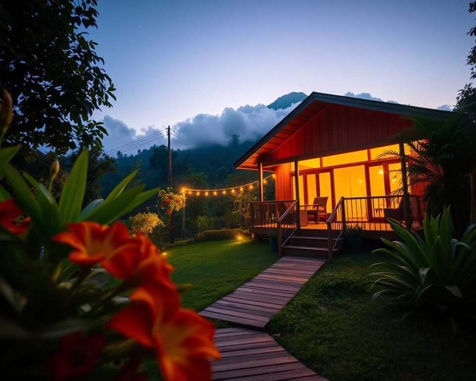 A serene, cozy guesthouse nestled in the lush, green hills near Adams Peak, Sri Lanka, showcasing a tranquil outdoor terrace with views of the mountain. In the foreground, vibrant tropical flowers and a wooden pathway lead to the entrance. The middle ground features the charming guesthouse with its warm wooden façade and large windows, inviting soft golden light emanating from inside, hinting at a welcoming atmosphere. The background displays the majestic silhouette of Adams Peak, shrouded in mist during twilight, with a starry sky beginning to emerge. The scene is illuminated by gentle, diffused lighting, creating a peaceful and inviting mood, perfect for relaxation after a hike. The angle captures the inviting entrance and the view of Adams Peak, emphasizing the harmony of nature and accommodation.