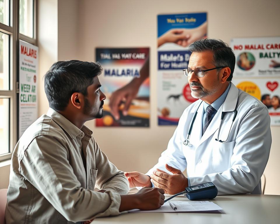 A serene medical clinic setting focused on a dedicated healthcare professional, a middle-aged Sri Lankan doctor in a white coat, consulting with a young adult male patient in casual but modest attire. The doctor is displaying concern while explaining post-malaria care, with a blood pressure monitor and pamphlets on malaria prevention visible on the desk. In the background, there are posters about malaria awareness and healthy living. Soft natural light streams through the window, creating a warm, inviting atmosphere that underscores the importance of follow-up care. The angle captures a sense of trust and professionalism, emphasizing the importance of vigilance after returning from a malaria-endemic region. A serene medical clinic setting focused on a dedicated healthcare professional, a middle-aged Sri Lankan doctor in a white coat, consulting with a young adult male patient in casual but modest attire. The doctor is displaying concern while explaining post-malaria care, with a blood pressure monitor and pamphlets on malaria prevention visible on the desk. In the background, there are posters about malaria awareness and healthy living. Soft natural light streams through the window, creating a warm, inviting atmosphere that underscores the importance of follow-up care. The angle captures a sense of trust and professionalism, emphasizing the importance of vigilance after returning from a malaria-endemic region.