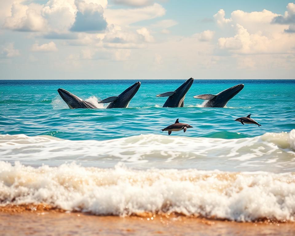 A stunning coastal scene off the shores of Sri Lanka, capturing a pod of majestic blue whales breaching the water’s surface, with their massive bodies rising majestically against a backdrop of vibrant turquoise ocean. In the foreground, gentle waves lap at the shore, while playful dolphins leap gracefully nearby. A few sea turtles can be seen swimming calmly just beneath the surface. Sunlight filters through scattered clouds, casting a warm golden glow across the water, enhancing the tranquil atmosphere. The image is captured from a low angle, emphasizing the whales and dolphins in sharp detail against a softly blurred horizon. The mood is serene and awe-inspiring, evoking the beauty and wonder of marine life in Sri Lanka. A stunning coastal scene off the shores of Sri Lanka, capturing a pod of majestic blue whales breaching the water’s surface, with their massive bodies rising majestically against a backdrop of vibrant turquoise ocean. In the foreground, gentle waves lap at the shore, while playful dolphins leap gracefully nearby. A few sea turtles can be seen swimming calmly just beneath the surface. Sunlight filters through scattered clouds, casting a warm golden glow across the water, enhancing the tranquil atmosphere. The image is captured from a low angle, emphasizing the whales and dolphins in sharp detail against a softly blurred horizon. The mood is serene and awe-inspiring, evoking the beauty and wonder of marine life in Sri Lanka.