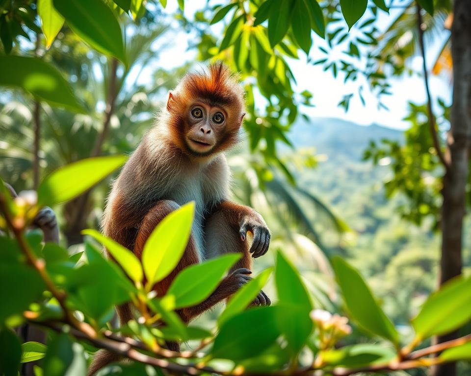 A toque macaque sitting gracefully on a lush green tree branch in a vibrant Sri Lankan forest. The macaque features striking brown fur, a distinctive tuft of hair on its head, and expressive, curious eyes. In the foreground, bright green leaves frame the subject, while delicate flowers add splashes of color. In the middle ground, a clear view of the macaque's playful posture highlights its agility. The background reveals a blur of tropical trees and distant hills, giving depth to the scene. Soft, dappled sunlight filters through the leaves, creating a warm and inviting atmosphere. The image is captured from a low angle, accentuating the macaque’s gaze towards the viewer, evoking a sense of connection and curiosity about this fascinating primate. A toque macaque sitting gracefully on a lush green tree branch in a vibrant Sri Lankan forest. The macaque features striking brown fur, a distinctive tuft of hair on its head, and expressive, curious eyes. In the foreground, bright green leaves frame the subject, while delicate flowers add splashes of color. In the middle ground, a clear view of the macaque's playful posture highlights its agility. The background reveals a blur of tropical trees and distant hills, giving depth to the scene. Soft, dappled sunlight filters through the leaves, creating a warm and inviting atmosphere. The image is captured from a low angle, accentuating the macaque’s gaze towards the viewer, evoking a sense of connection and curiosity about this fascinating primate.