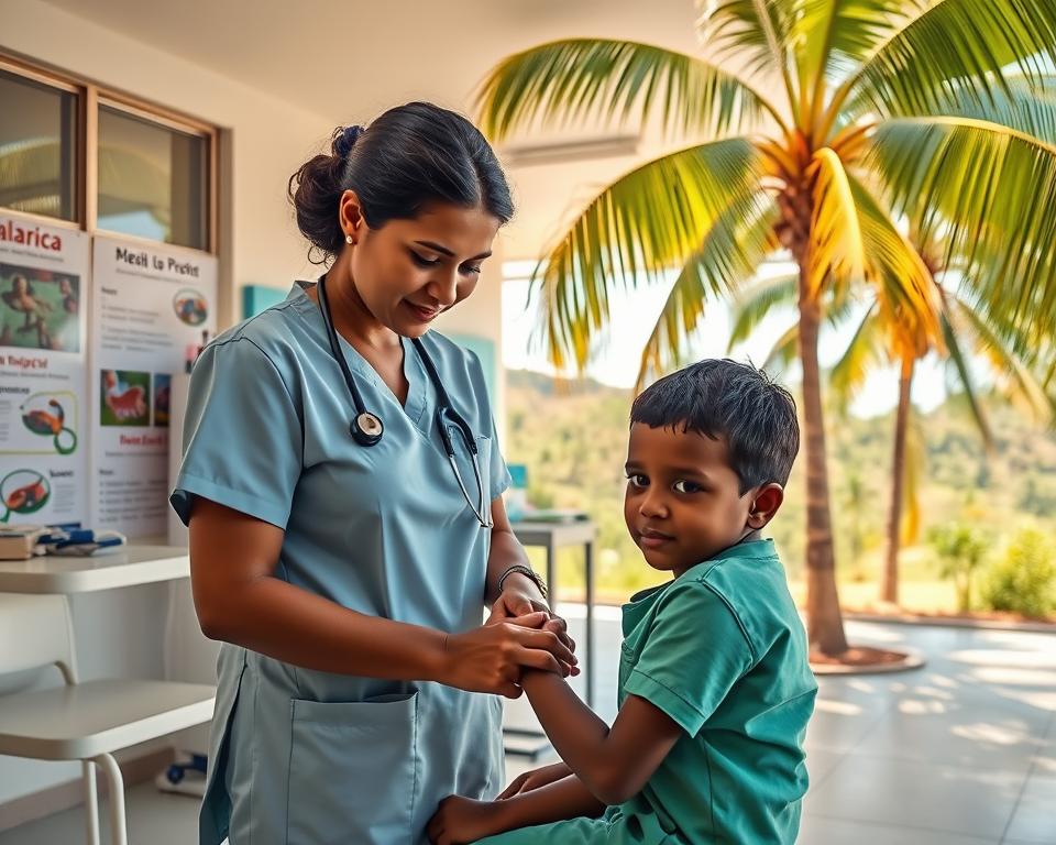 A vibrant scene depicting a healthcare setting in Sri Lanka focused on malaria treatment. In the foreground, a nurse in professional attire is administering care to a child, illustrating compassionate medical assistance. The middle ground features a modern clinic with medical equipment and malaria-related resources, such as educational posters about prevention and treatment methods. In the background, palm trees and a tropical landscape suggest the Sri Lankan environment, bathed in warm, natural sunlight to enhance the atmosphere. The image conveys a sense of hope and proactive healthcare efforts, capturing the essence of medical services in Sri Lanka. The angle is slightly elevated, providing a comprehensive view while emphasizing the interaction between healthcare professionals and patients. A vibrant scene depicting a healthcare setting in Sri Lanka focused on malaria treatment. In the foreground, a nurse in professional attire is administering care to a child, illustrating compassionate medical assistance. The middle ground features a modern clinic with medical equipment and malaria-related resources, such as educational posters about prevention and treatment methods. In the background, palm trees and a tropical landscape suggest the Sri Lankan environment, bathed in warm, natural sunlight to enhance the atmosphere. The image conveys a sense of hope and proactive healthcare efforts, capturing the essence of medical services in Sri Lanka. The angle is slightly elevated, providing a comprehensive view while emphasizing the interaction between healthcare professionals and patients.