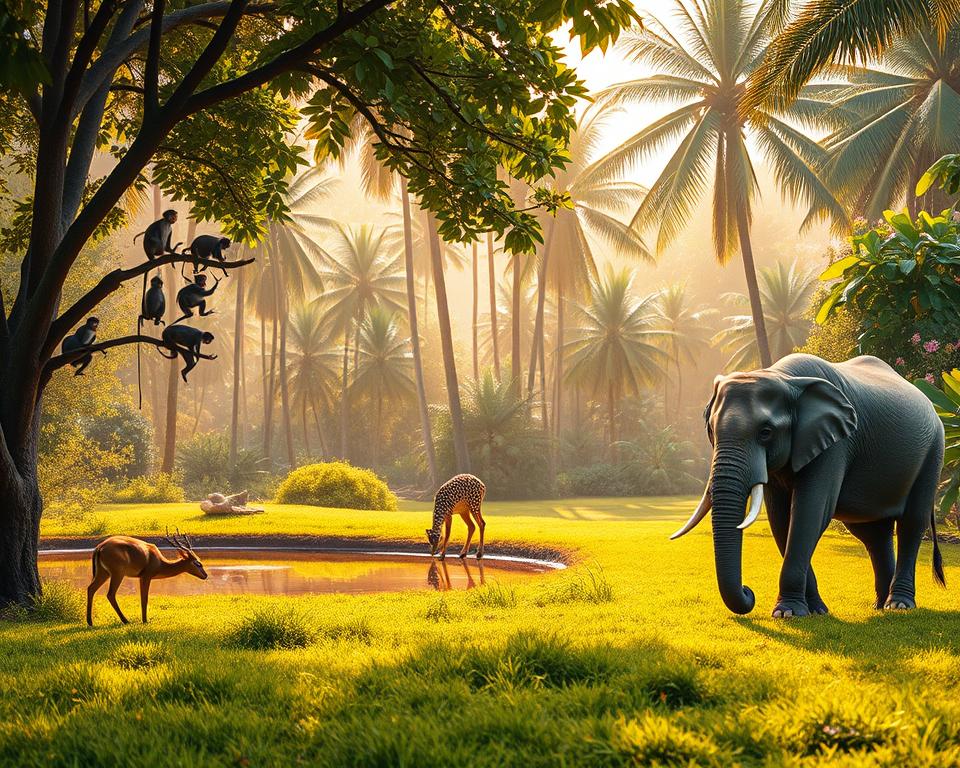 A vibrant scene showcasing the diverse wildlife of Sri Lanka within a national park. In the foreground, a majestic Sri Lankan elephant grazes peacefully, surrounded by lush green grass. To the left, a group of playful monkeys swings through the trees, their energetic movements captured mid-action. In the middle ground, a spotted deer can be seen drinking from a serene pond, its reflection mirrored in the water. The background reveals dense tropical foliage with towering palm trees and vivid flowers, creating a rich tapestry of colors. Soft, golden sunlight filters through the leaves, casting dappled shadows and illuminating the scene with a warm glow. The atmosphere is tranquil and harmonious, reflecting the beauty of Sri Lanka's natural habitats. A vibrant scene showcasing the diverse wildlife of Sri Lanka within a national park. In the foreground, a majestic Sri Lankan elephant grazes peacefully, surrounded by lush green grass. To the left, a group of playful monkeys swings through the trees, their energetic movements captured mid-action. In the middle ground, a spotted deer can be seen drinking from a serene pond, its reflection mirrored in the water. The background reveals dense tropical foliage with towering palm trees and vivid flowers, creating a rich tapestry of colors. Soft, golden sunlight filters through the leaves, casting dappled shadows and illuminating the scene with a warm glow. The atmosphere is tranquil and harmonious, reflecting the beauty of Sri Lanka's natural habitats.