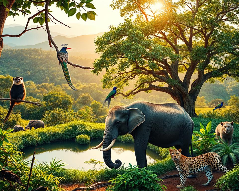 A vibrant wildlife scene capturing the diverse animals of Sri Lanka in their natural habitat. In the foreground, a majestic Sri Lankan elephant grazes near a serene waterhole, surrounded by lush green vegetation. To the left, a pair of playful langur monkeys swing between the trees, their expressive faces showcasing curiosity. In the middle ground, colorful birds, including peacocks and kingfishers, add a splash of color, while a family of leopards rests beneath the shade of a large tree. The background features a mix of rolling hills and a lush rainforest, with soft, golden sunlight filtering through the leaves, creating a warm, inviting atmosphere. Use a wide-angle lens to capture the grandeur of this rich ecosystem. The mood is peaceful yet lively, reflecting the enchanting wildlife of Sri Lanka. A vibrant wildlife scene capturing the diverse animals of Sri Lanka in their natural habitat. In the foreground, a majestic Sri Lankan elephant grazes near a serene waterhole, surrounded by lush green vegetation. To the left, a pair of playful langur monkeys swing between the trees, their expressive faces showcasing curiosity. In the middle ground, colorful birds, including peacocks and kingfishers, add a splash of color, while a family of leopards rests beneath the shade of a large tree. The background features a mix of rolling hills and a lush rainforest, with soft, golden sunlight filtering through the leaves, creating a warm, inviting atmosphere. Use a wide-angle lens to capture the grandeur of this rich ecosystem. The mood is peaceful yet lively, reflecting the enchanting wildlife of Sri Lanka.